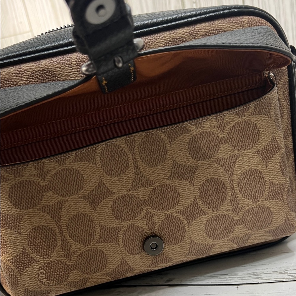 Coach Signature Canvas Brown Black Leather Trim Crossbody Bag - Picture 8 of 14